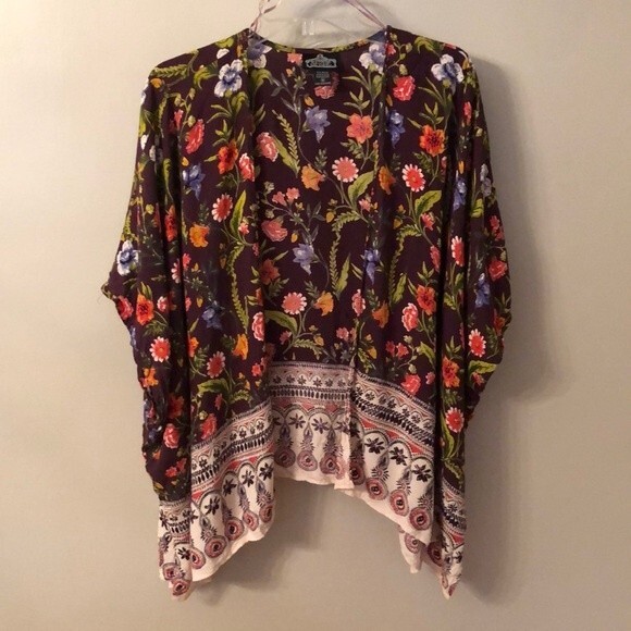ANGIE SIZE M DARK PURPLE FLORAL RAYON OPEN FRONT SHORT SLEEVE KIMONO CARDIGAN - Picture 2 of 6